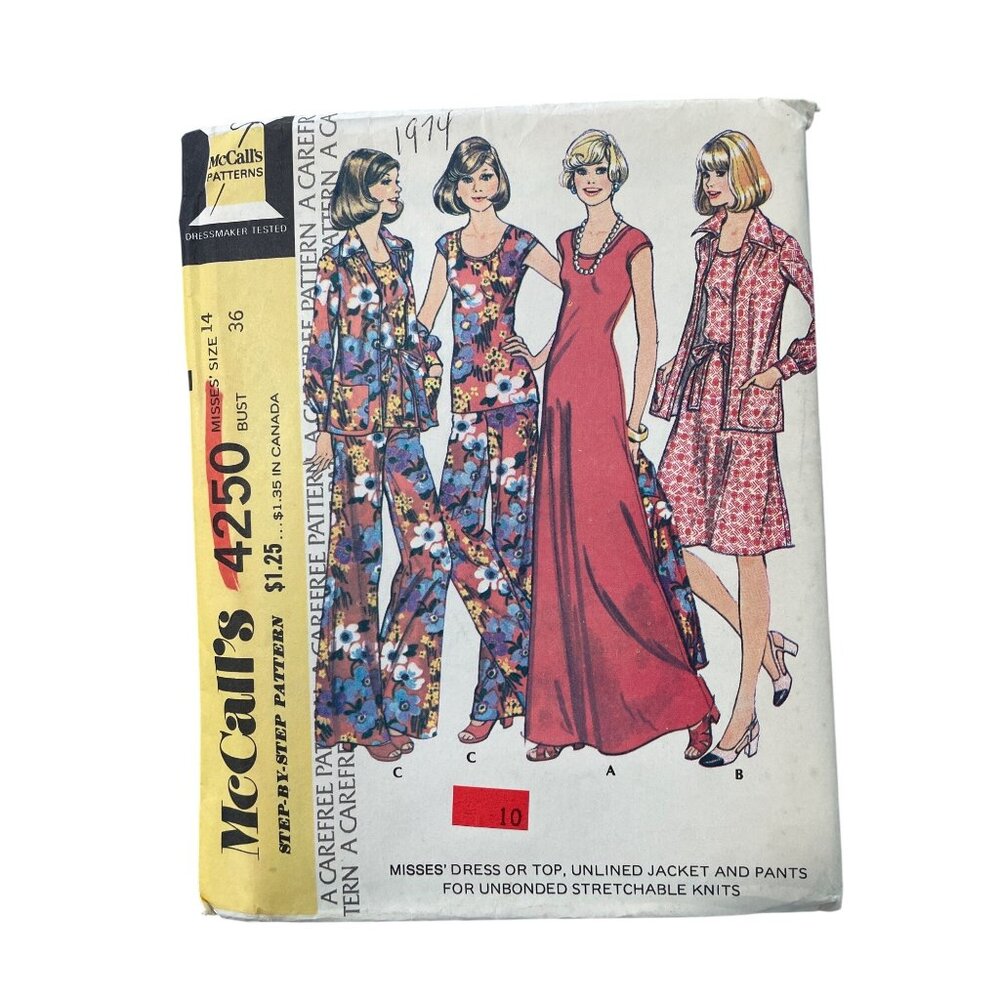 70s McCalls 4250 Misses Sewing Pattern Size 14 Dress Top Jacket Pants 1974 UNCUT